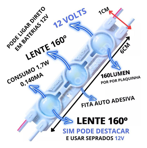Módulo De Led P/ Letreiro C/ Lente 100pçs 3led 12v + Fonte Branco-frio