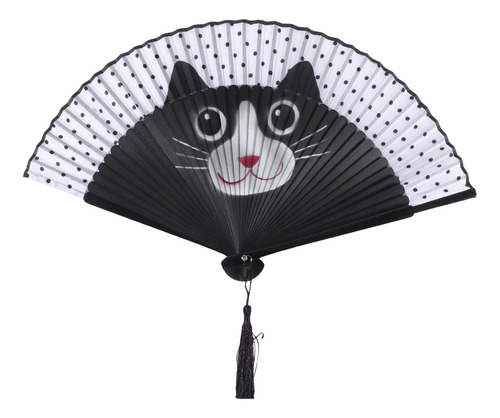 Abanico Plegable Con Forma De Gato Negro, Superficie De Seda