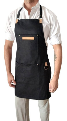 Imagen 2 de 4 de Delantal Denim Jean Y Cuero Con Porta Repasador Bolsillos