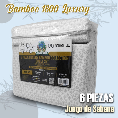 Imagen 2 de 5 de Juego Sábanas King Size 1800 6pzs Microfibra Bambu Blanco