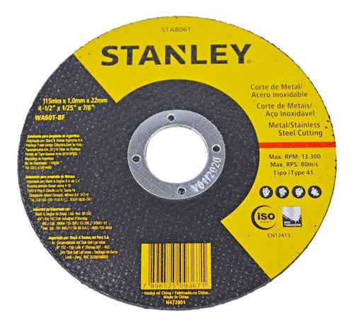 Disco De Corte Sta8061 Metal Inox 115mm X 1,0mm Stanley 50pç