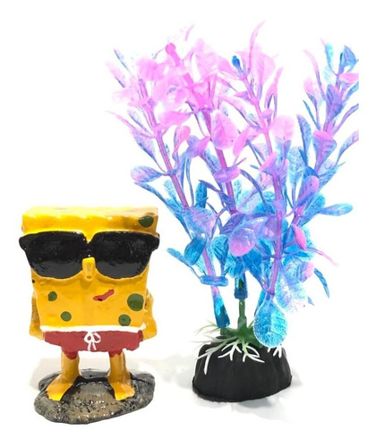 Enfeite Aquário Bob Esponja Salva Vidas + Plantinha 10cm