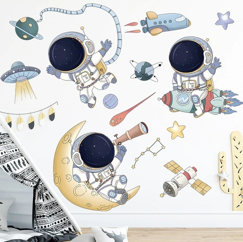 Vinil Decorativo Astronauta Luna Cohete Bandera Para Niños 3