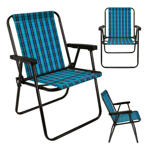 4 Cadeiras De Praia Alta Dobravel Aço Xadrez Azul E Preta