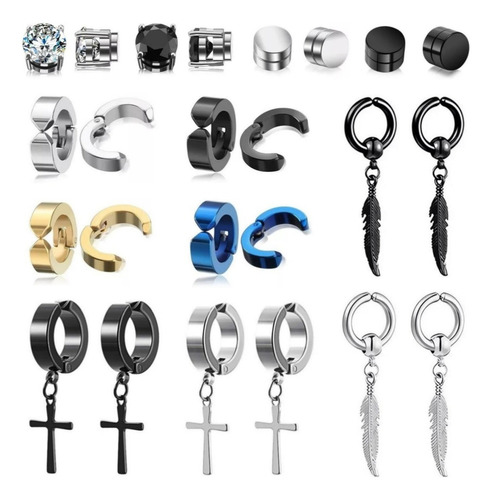 12 Pares Aretes Hombre Falsos Piercing Imán Arracadas Set