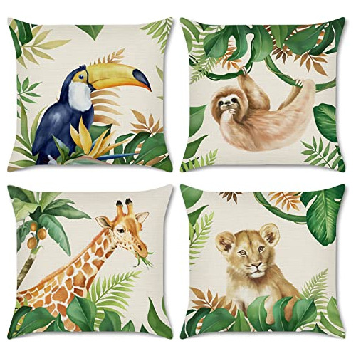 Juego De 4 Fundas De Almohada De Animales De Jungla, Fu...