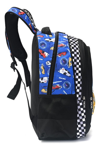 Mochila Autos Carreras Escolar Espalda Skora Lets Play Color Azul Diseño de la tela Gatito