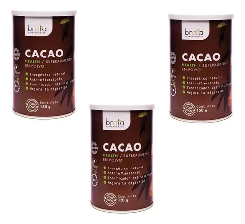 Pack 3 Cacaos Orgánico En Polvo Health Brota 150g