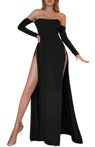 Vestido Largo Fiesta Moda Escote Sensual Negro Maxi Strech | Meses sin  intereses