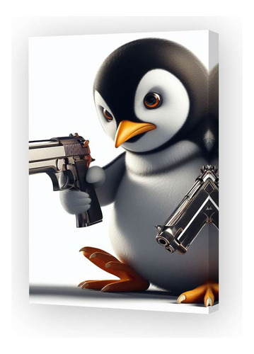 Cuadro 30x45cm Pinguino Con 2 Pistolas Arma Apuntando