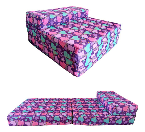 Sofá Cama Infantil Plegable, Colchoneta Con Soporte Firmé Color Rosa Corazones