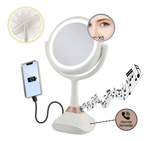 Espejo Maquillaje Con Luz Led Tipo Aro Bluetooth Bocina Aumento 10x 1x Portátil Doble Cara Iluminación 360 Grados Recargable Celular Música Touch USB Profesional cosmeticos belleza 1 pieza comerliv