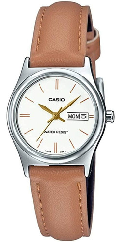 Casio Ltp-v006l-7b2 Banda De Cuero Marrón Para Mujeres Blanc