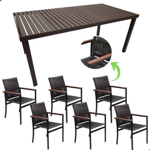 Jogo De Mesa Retangular Com 6 Cadeiras De Aluminio E Fibra