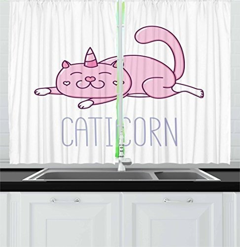 Unicornio Gato Cortinas Por Ambesonne Rosa Gato Con Un Cuern