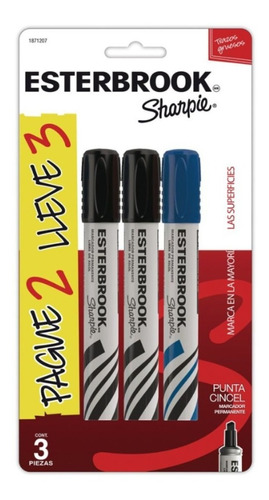 3 Marcadores Permanente Cincel Esterbrook Azul Negro Sharpie