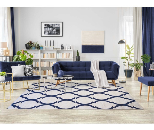 Tapete Geometrico Arabesco 150x200 Cm Lavavel Antiderrapante Cor Azul