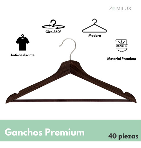 40 Ganchos de madera antideslizante para ropa Zomilux Color Caoba