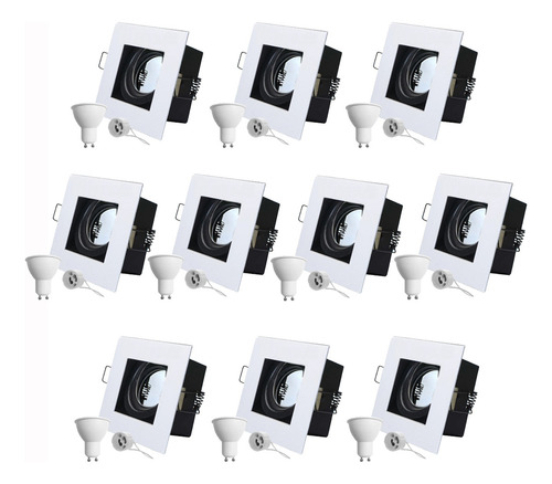 Pack X 10 Spots De Embutir Cuadrados Antideslumbrante Color Blanco Con Zolcalos Gu10 Y Dicroicas Led 7w Luz Fria