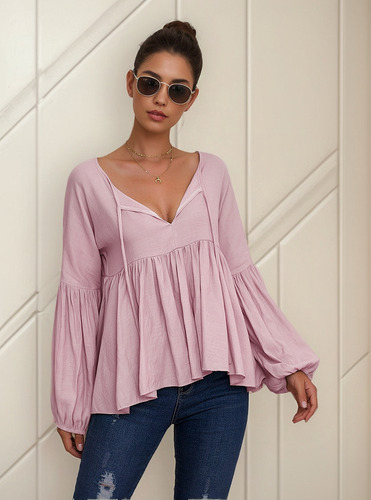 Blusa Con Cuello En V De Color Liso Y Mangas Abullonadas