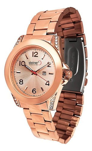 Reloj Para Dama Steiner Con Fechador Extensible Acero Inox Correa Oro/Rosa Bisel Oro rosa Fondo Oro rosa