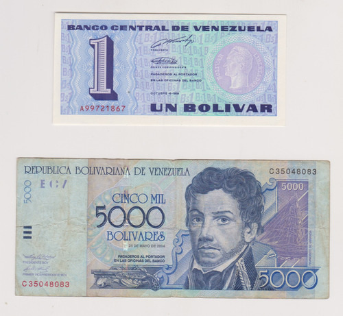 Lote 2 Billete Venezuela 1 Boivar/1989 +5000 Bolivares/2004