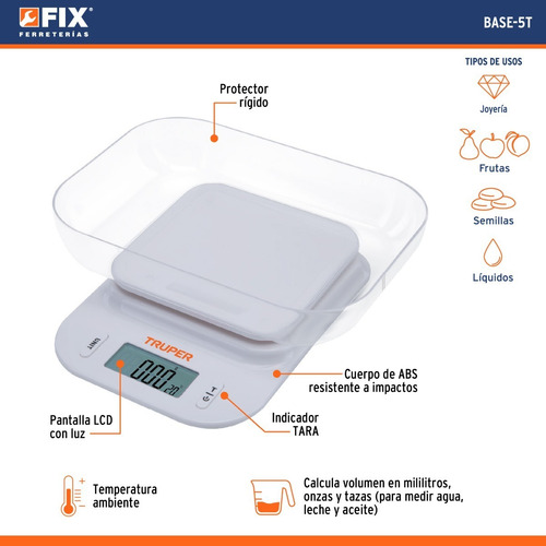 Báscula Digital Con Tazón Para Cocina, 5kg, Truper BASE-5T