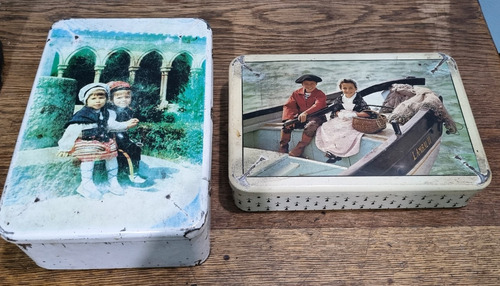 Antiguo Par De Latas Francesas Galletitas Niños Barco. M