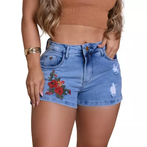 Short Jeans Feminino Cintura Alta Com Bordado Love Colorido