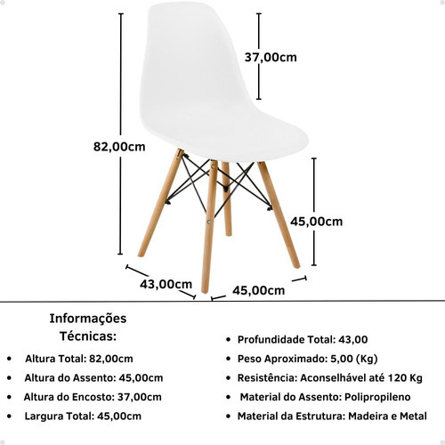Kit Mesa Jantar Eiffel 120x80cm Branca + 4 Cadeiras Eiffel Cor Branco