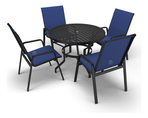 Kit 2 Espreguiçadeiras, 1 Conjunto Ripado 4 Cadeiras, 1 Mesa Lateral Ripado Aluv Móveis Alumínio Preto Tela Azul