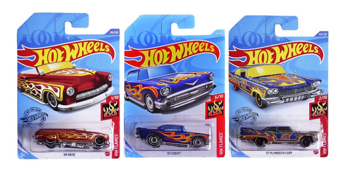 3 Hot Wheels Flamas  '49 Merc, '57 Chevy,  '57 Plymouth Fury