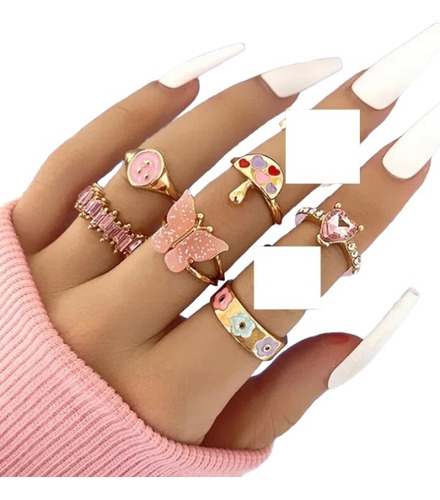 [nuevos] Combo Hermoso Set 6 Anillos Cute Flores Rosado