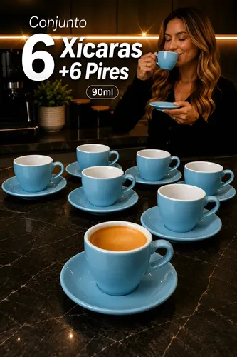 Jogo 6 Xicaras C/ Pires ​Café Ceramica 90ml 12 Peças Cores Azul
