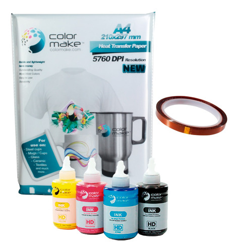 Kit 4 Tintas Sublimación 125 Ml. + Papel + Cinta Colormake