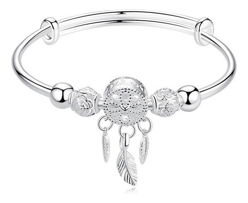 Pulsera Atrapasueños Ajustable De Plata S925 Diseño Plumas Diámetro 19 cm