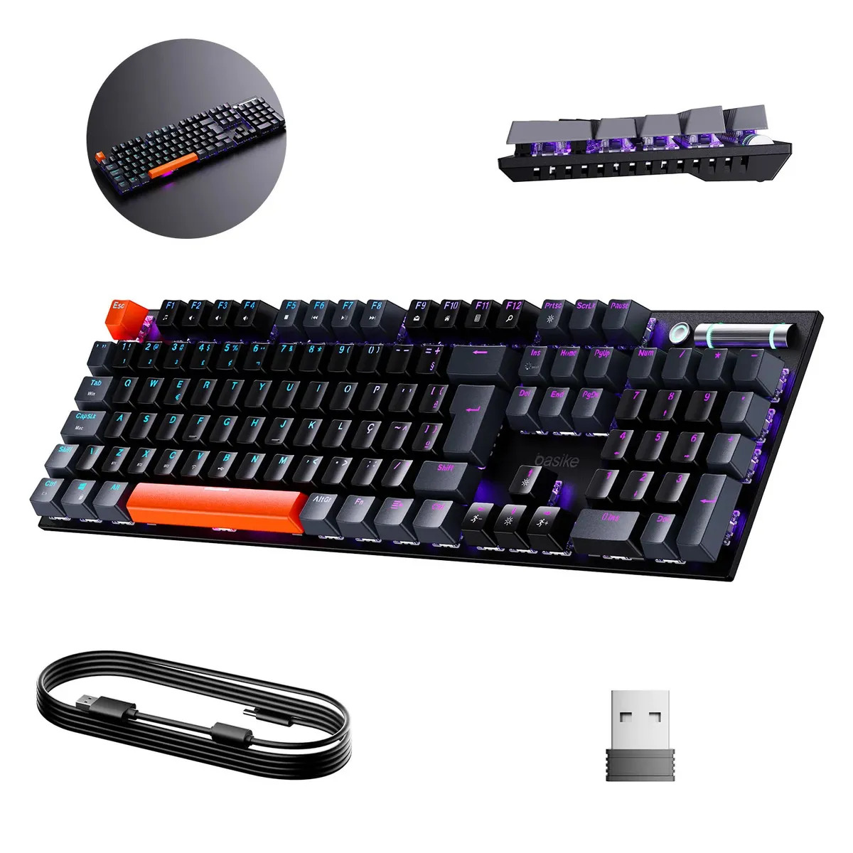 Teclado Mecânico Gamer Basike ABNT2 Tri Modo com Fio, USB e Bluetooth RGB
