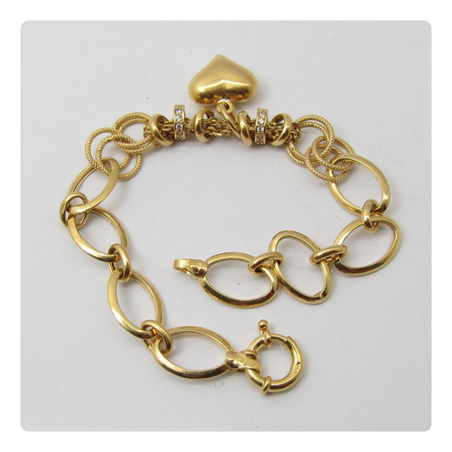 8030 Pulseira Varios Elos E Diamantes Pingente Coração