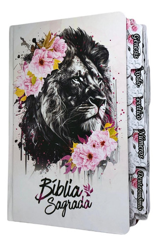 Bíblia Letra Gigante Com Harpa E Índice Abas Floral Adesiva Jovem - Leão Flores Rosa