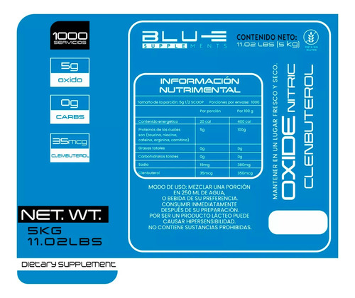 Óxido Nítrico + Clembuterol Blu-e 5 Kg Pre-entreno 1000 Serv Mango