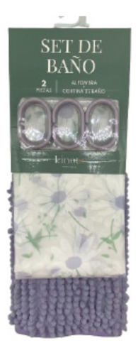 Set Combo Cortina Baño Estampada + Alfombra Shaggy + Ganchos Lila
