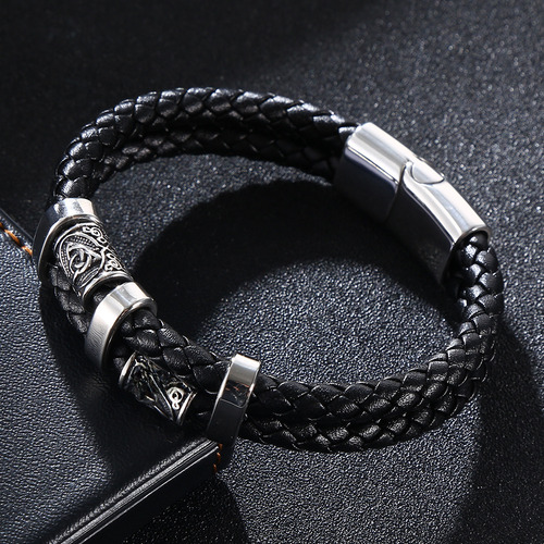Pulsera De Cuero Trenzado Multicapa Para Hombre Nordic Vikin