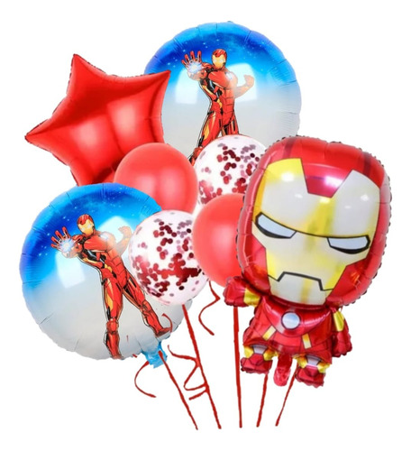 Set Globos Iron Man Metalizado Látex Confeti Apto Aire Helio