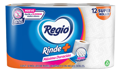 Papel higiénico Regio Rinde+ doble hoja de 12 u