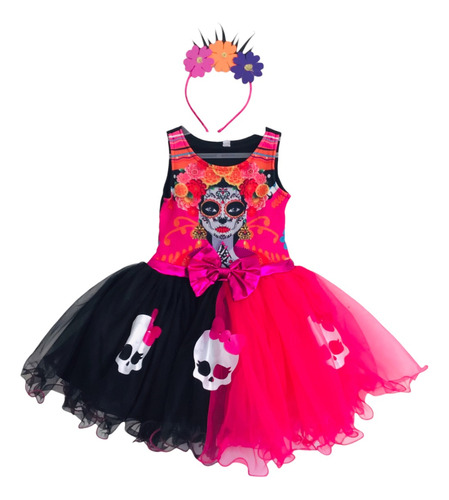 Disfraz Vestido Niña Halloween Catrina Calavera Negro Fiusha Diadema Flores Tul