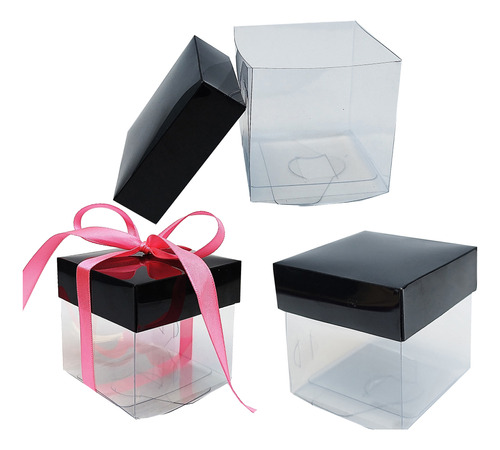 25 Caja Transparente 7x7x7 Cm Con Tapa Negra Mod 1780