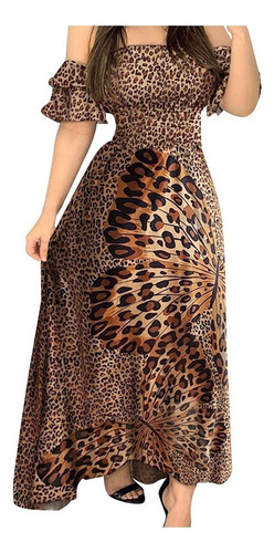 Vestido Largo Mujer Leopardo Estampado Sin Tirantes Manga Co