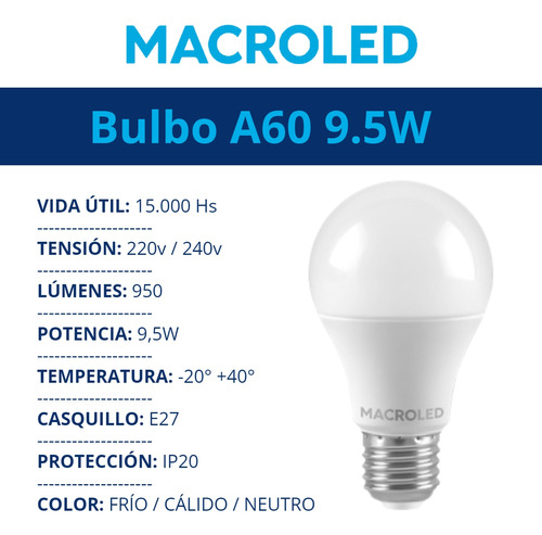 Lampara Bulbo Led 9,5w Macroled Foco 220v E27 Color de la luz Blanco cálido