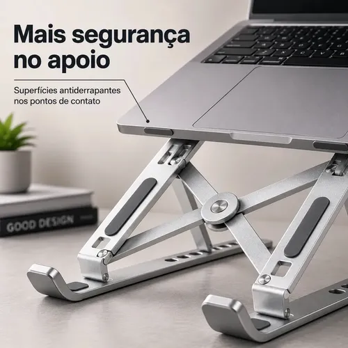 Suporte Para Notebook e Macbook de Alumínio Dobrável Prateado Ajuste de Altura e Inclinação Confortáve Base Antiderrapante Portátil Articulado Reforçado Ergonomico Universal Para 14 a 20 Polegadas: imagem 2