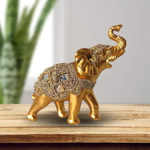 Estatua de elefante indio de resina dorada para sala de estar, 15 cm, color dorado